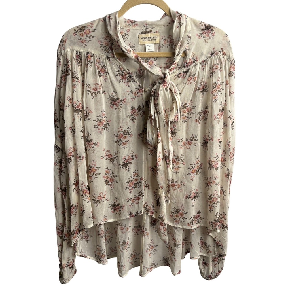 NWT Ralph Lauren Sheer Cream Pink Floral Tie Neck Hi Lo Blouse M Boho Prairie